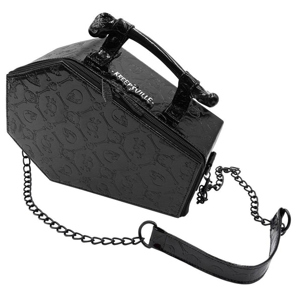 Kreepsville Embossed Patent Skull Crossbones Coffin Purse Bag