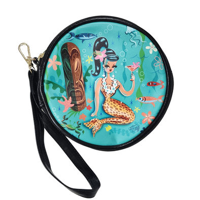 Miss Fluff Brunette Leopard Martini Mermaid Round Makeup Bag