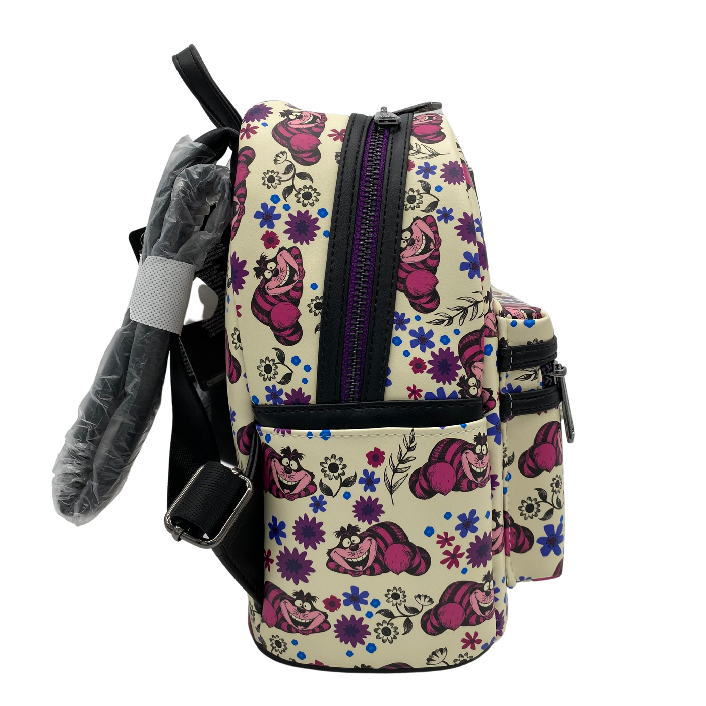 Loungefly NWT Disney Cheshire Alice in Wonderland Black Floral Mini  Backpack AOP
